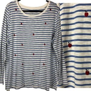 NEW Talbots Womens Apple Embroidered Striped Tee‎ Size 2X Teacher Novelty Print